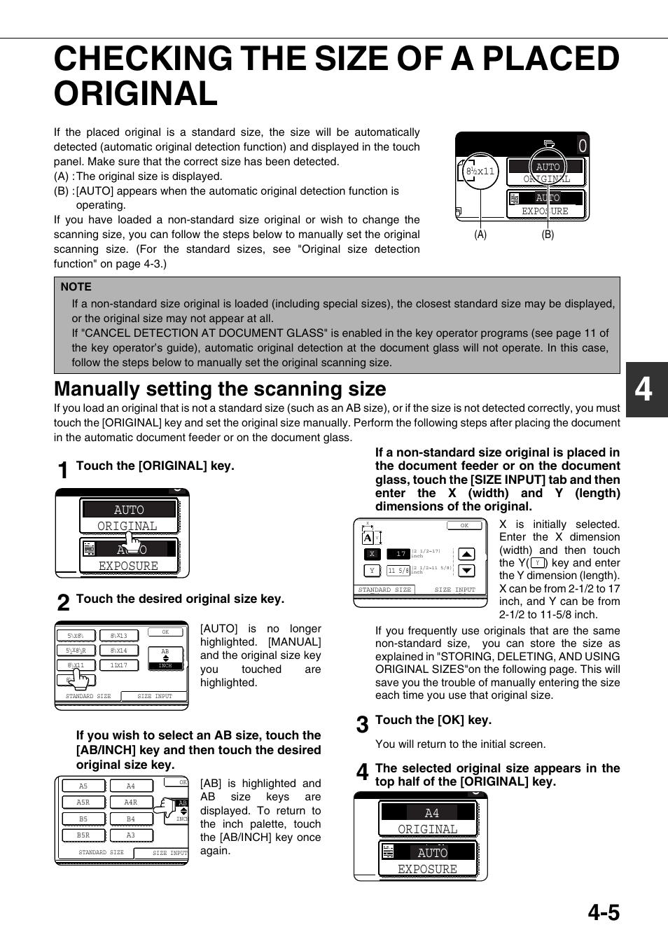 Checking the size of a placed original, Manually setting the scanning size, 4checking the size of a placed original | Auto, Auto original exposure, Touch the [original] key, Touch the desired original size key, Touch the [ok] key | Sharp AR-M700N User Manual | Page 81 / 172