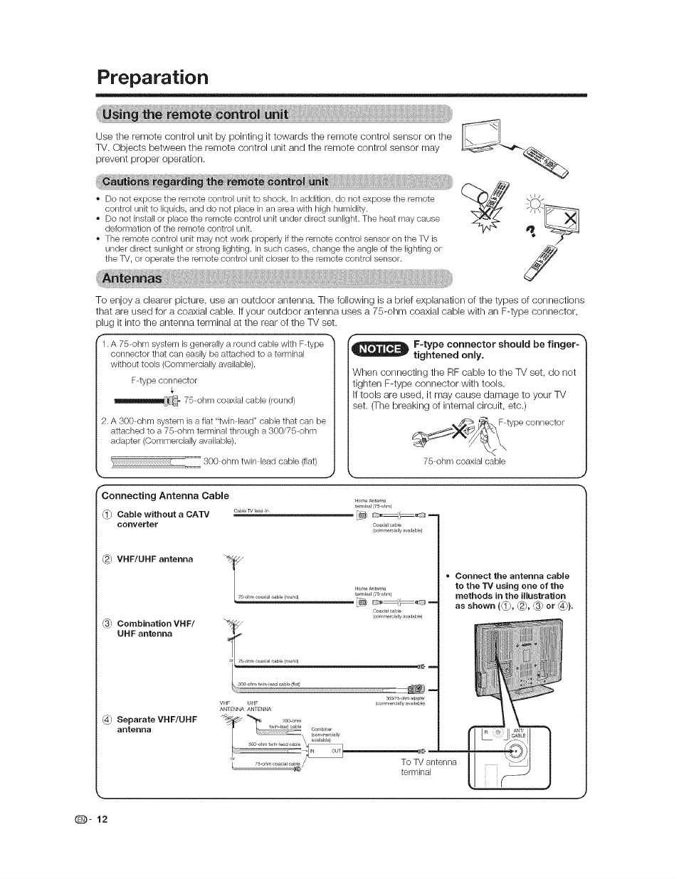 Preparation, Us{n:g;:thb:rerriote;:eomrc»l :urilt, Antennas | Sharp AQUOS LC-37GP1U User Manual | Page 13 / 61