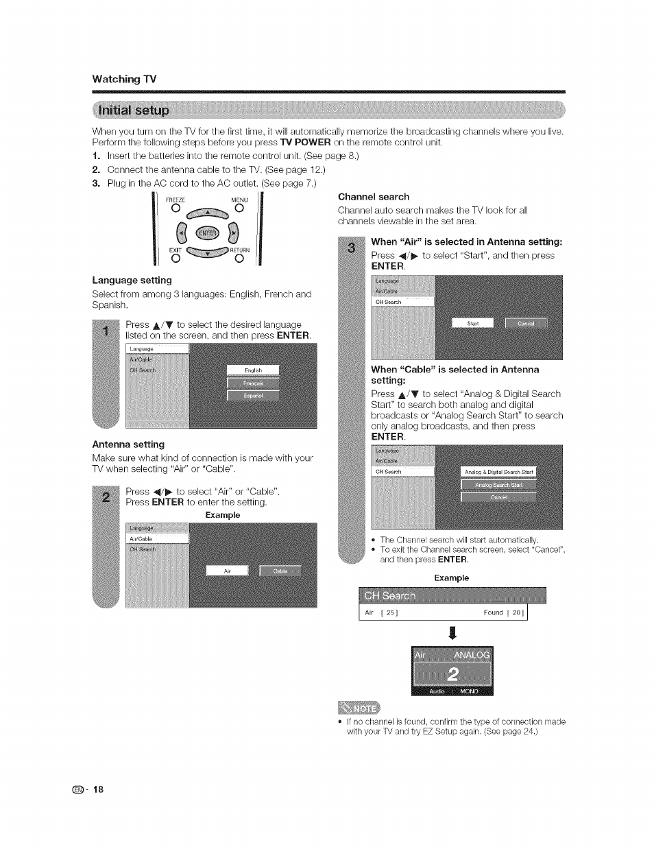 Language setting, Channel search, When “cable” is selected in antenna | Ihiiial:setu|i | Sharp AQUOS LC-37GP1U User Manual | Page 19 / 61