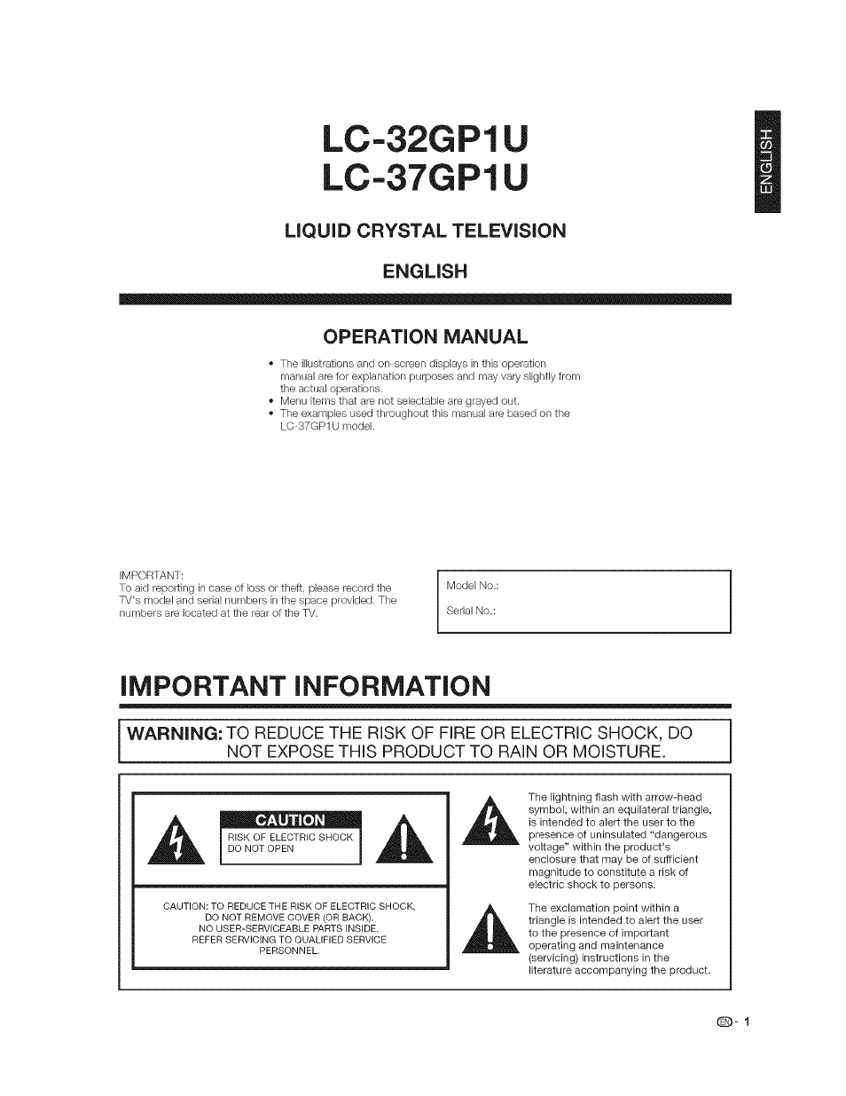 Lc-32gp1u, Lc-37gp1u, Liquid crystal television english | Operation manual, Important information | Sharp AQUOS LC-37GP1U User Manual | Page 2 / 61