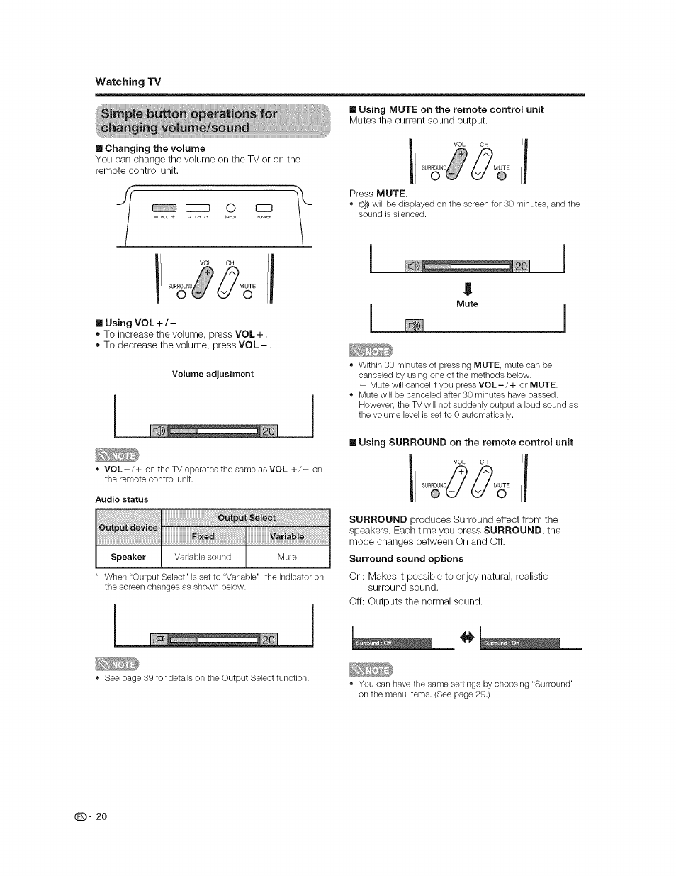 Using mute on the remote control unit, Lusingvol, Volume adjustment | Audio status, Gutpiis device, Speaker, Mute, I using surround on the remote control unit, Surround sound options, Using the remote control unit | Sharp AQUOS LC-37GP1U User Manual | Page 21 / 61
