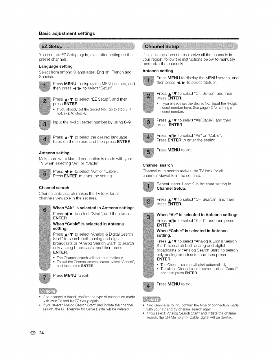 Channel search, When “air” is selected in antenna setting, Ez; setup | I .... i | Sharp AQUOS LC-37GP1U User Manual | Page 25 / 61