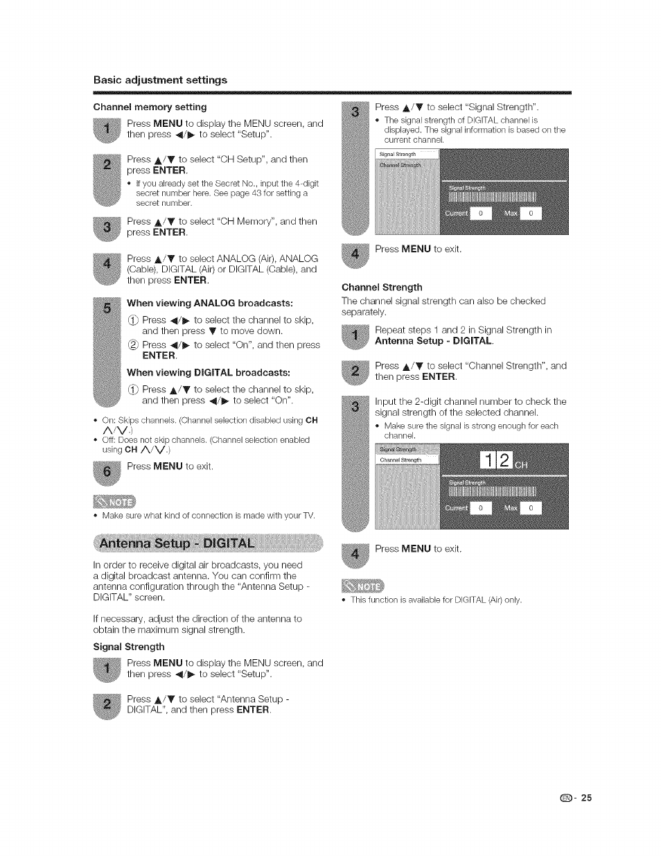 Vantenria.'setup; ^ c'c-cr-■ i l -li, Channel strength, Channel setup | A/v.), A/\/') | Sharp AQUOS LC-37GP1U User Manual | Page 26 / 61