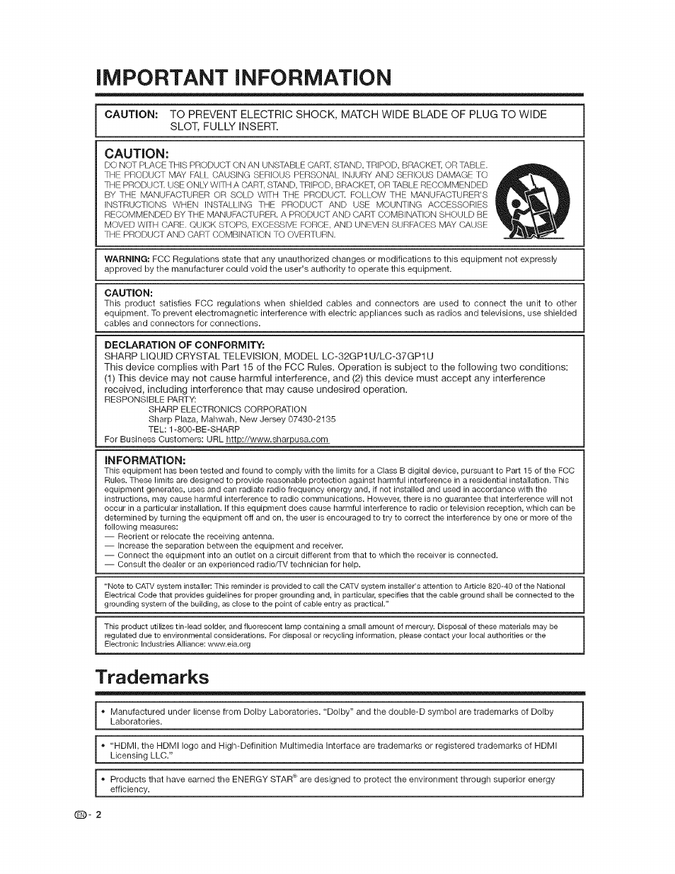 Caution, Trademarks, Important information | Sharp AQUOS LC-37GP1U User Manual | Page 3 / 61