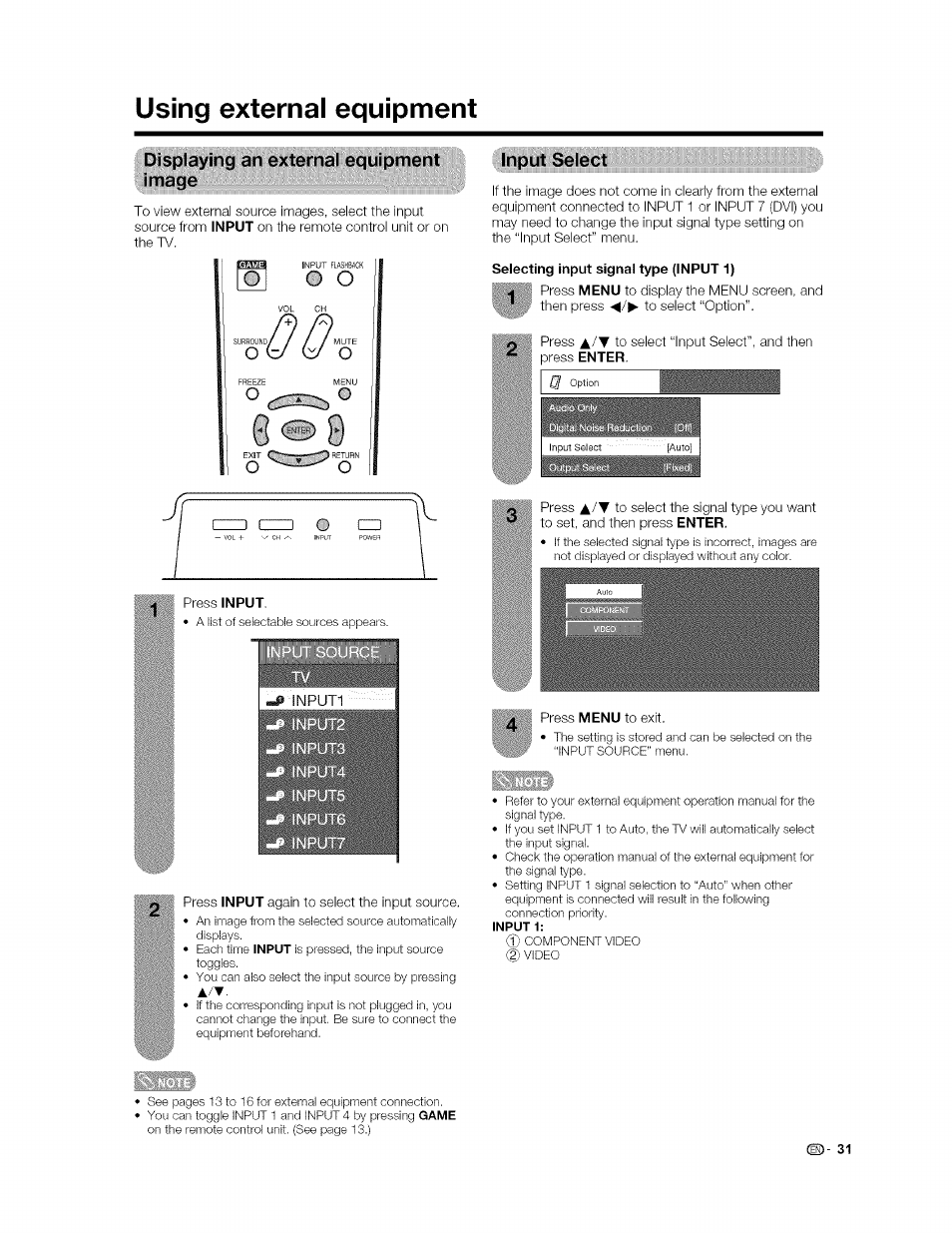 Displaying an external equipment image, Input select, Selecting input signal type (input 1) | Using external equipment | Sharp AQUOS LC-37GP1U User Manual | Page 32 / 61