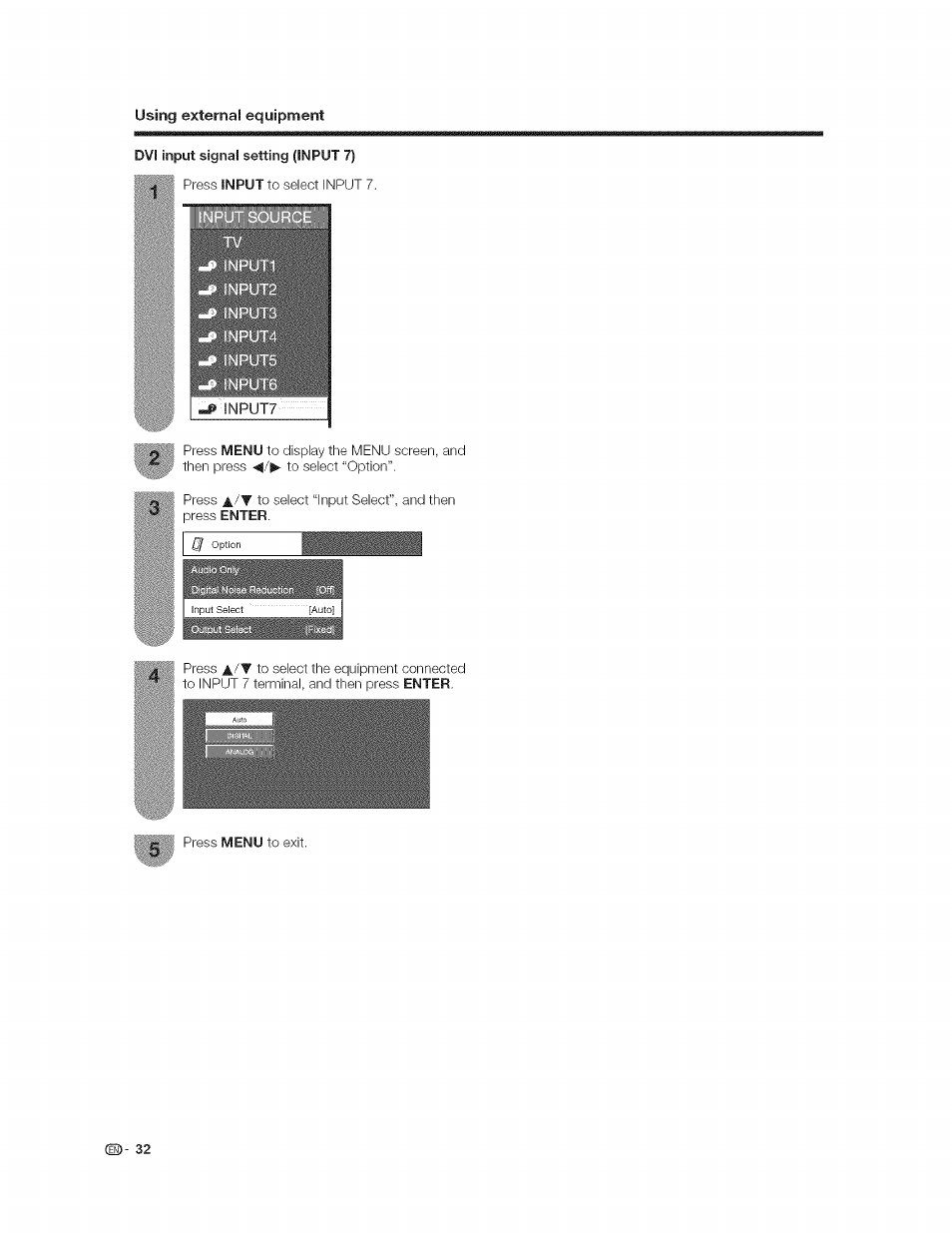 Dvi input signal setting (input 7) | Sharp AQUOS LC-37GP1U User Manual | Page 33 / 61