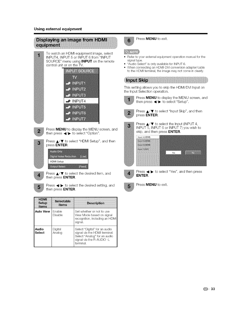 Displaying an image from hdmi equipment, Input skip, Displaying an image from hdmi equipment input skip | Sharp AQUOS LC-37GP1U User Manual | Page 34 / 61