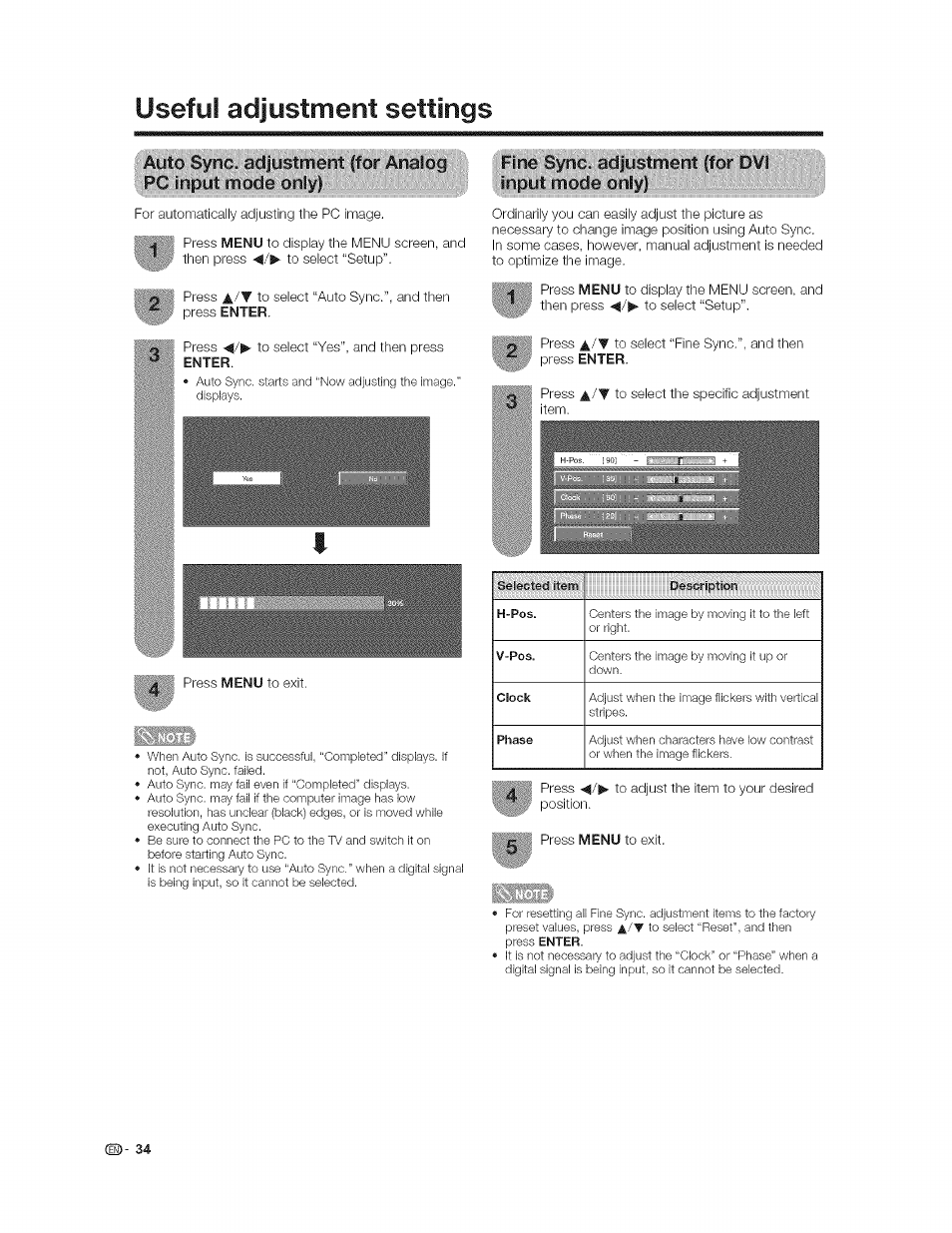 Useful adjustment settings, H-pos, V-pos | Clock, Phase | Sharp AQUOS LC-37GP1U User Manual | Page 35 / 61