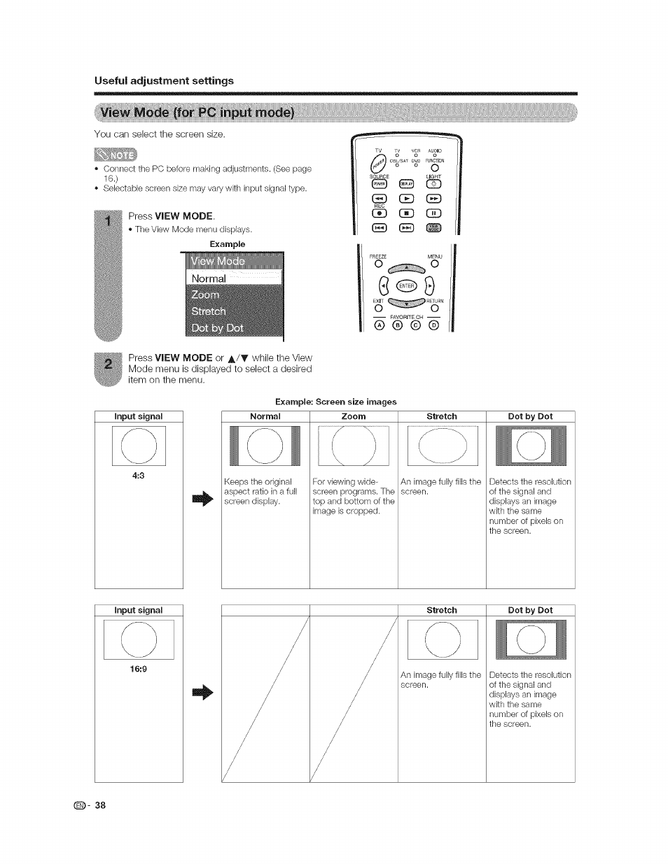 View;mq;dejfar:;:pcjripyt^.m, Press view mode, Example: screen size images | Input signal, Stretch | Sharp AQUOS LC-37GP1U User Manual | Page 39 / 61