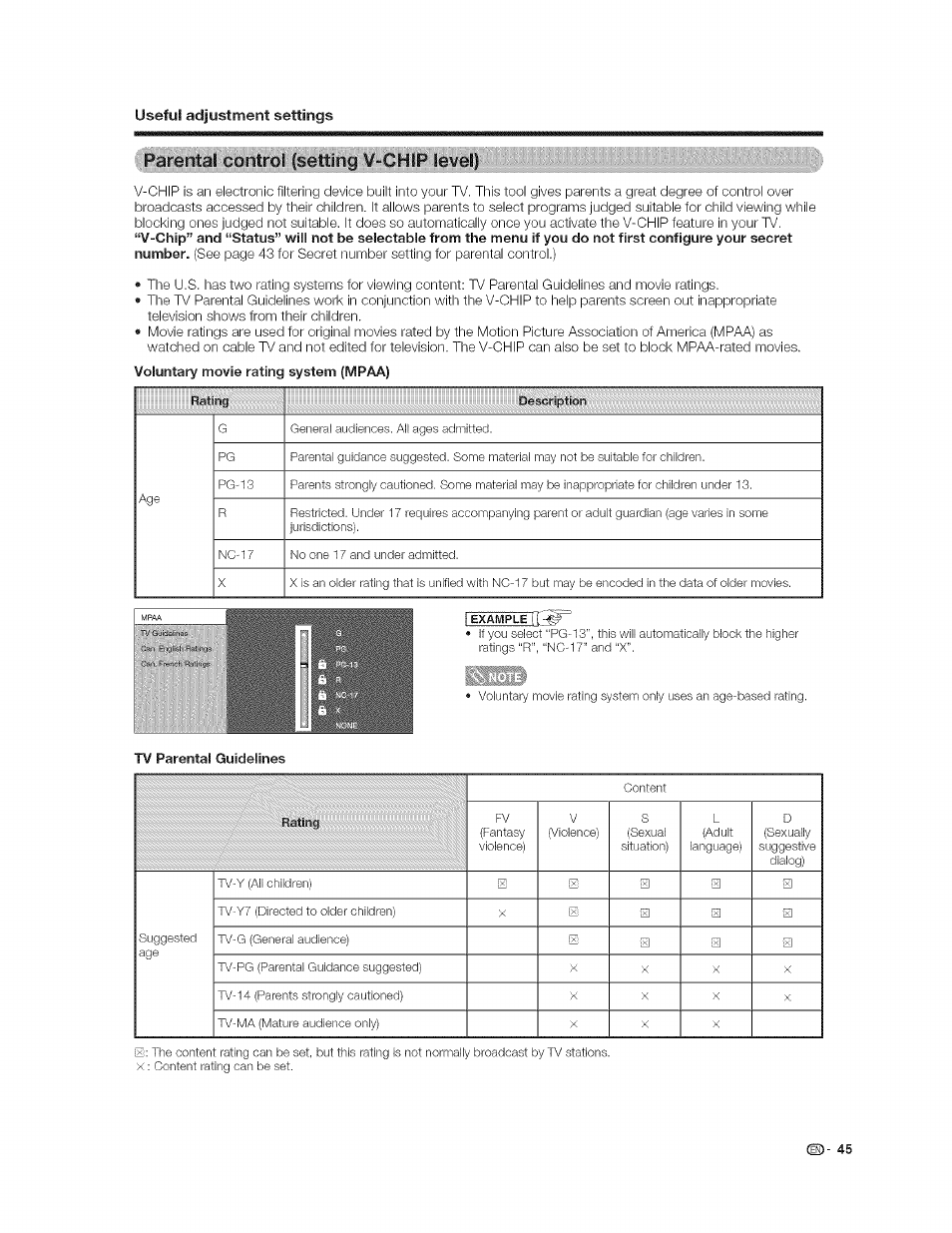 Voluntary movie rating system (mpaa), Tv parental guidelines, Pareiitarcentml ifsettlrg ;¥--g | Useful adjustment settings | Sharp AQUOS LC-37GP1U User Manual | Page 46 / 61