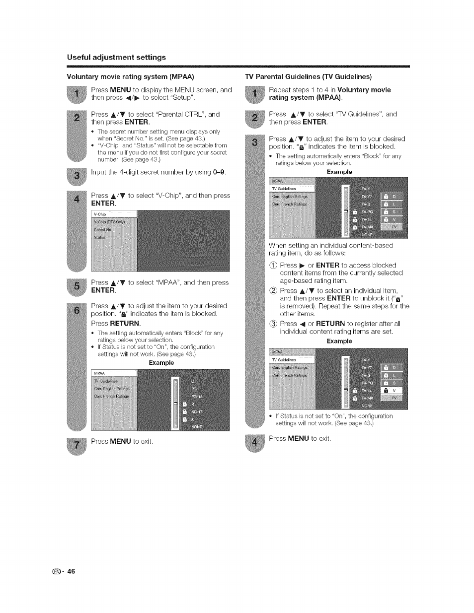 Voluntary movie rating system (mpaa), Tv parental guidelines (tv guidelines) | Sharp AQUOS LC-37GP1U User Manual | Page 47 / 61