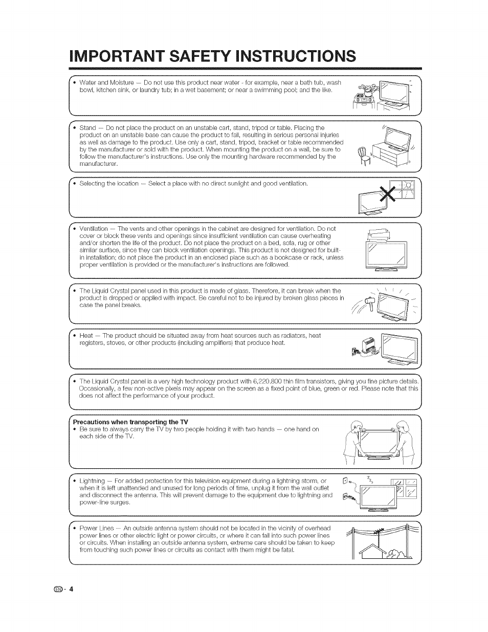 Precautions when transporting the tv, Important safety instructions | Sharp AQUOS LC-37GP1U User Manual | Page 5 / 61