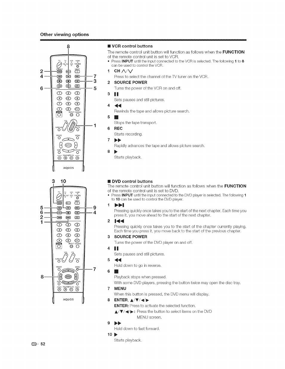 Vcr control buttons, 1 ch a/v, Dvd control buttons | 3 source power, 7 menu, 8 enter, a/v | Sharp AQUOS LC-37GP1U User Manual | Page 53 / 61