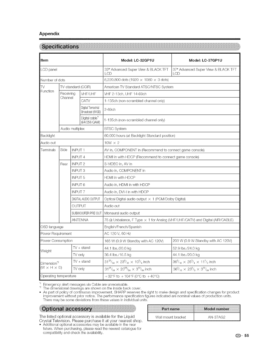 Speeiflcations, Gptitìnai: accessory, Specifications | Appendix, Ds)- 55 | Sharp AQUOS LC-37GP1U User Manual | Page 56 / 61