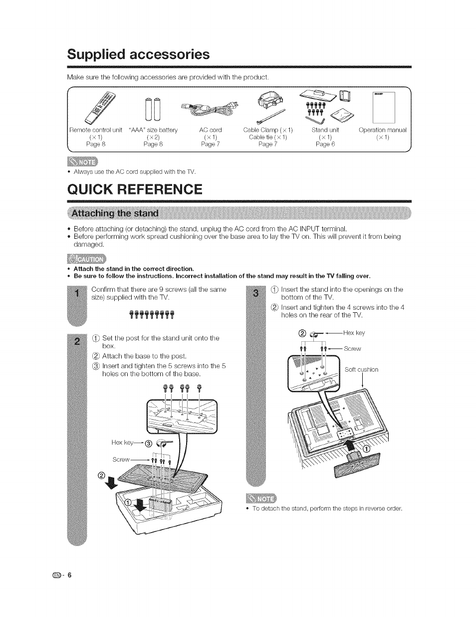 Supplied accessories, Quick reference, Attaçh|ng;thë-:stàn | Sharp AQUOS LC-37GP1U User Manual | Page 7 / 61
