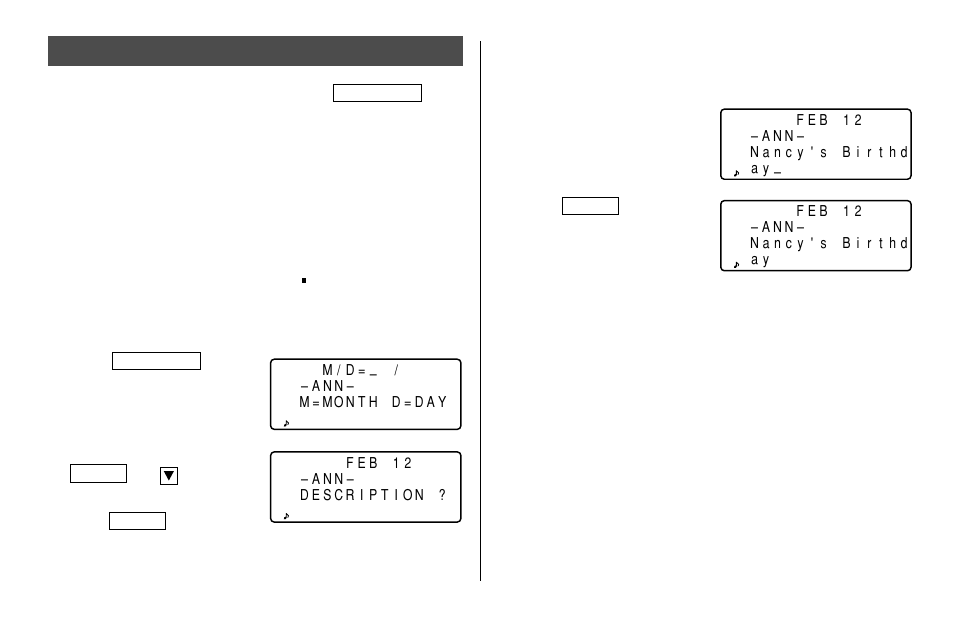 Anniversary mode, Storing anniversary listings | Sharp Electronic Organizer El-6850 User Manual | Page 18 / 40