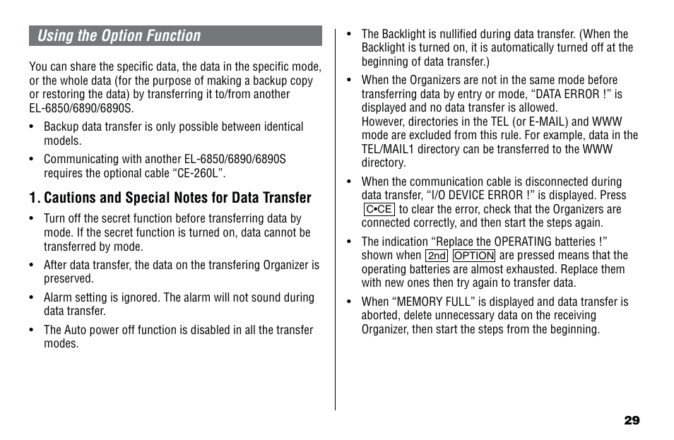 Using the option function | Sharp Electronic Organizer El-6850 User Manual | Page 31 / 40