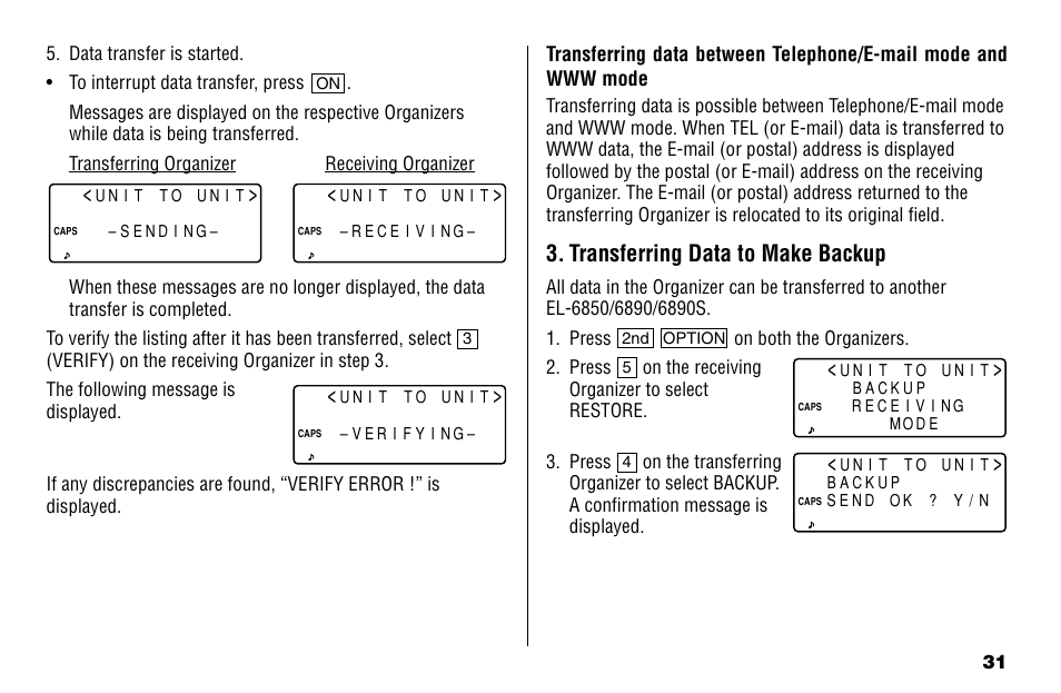 Transferring data to make backup | Sharp Electronic Organizer El-6850 User Manual | Page 33 / 40