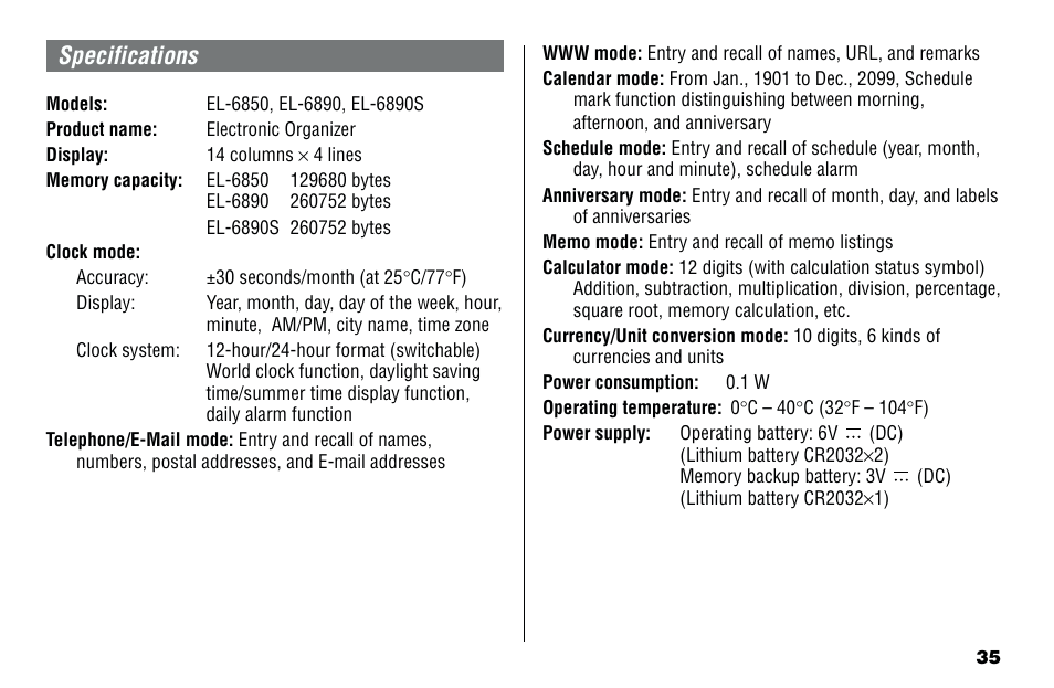 Specifications | Sharp Electronic Organizer El-6850 User Manual | Page 37 / 40