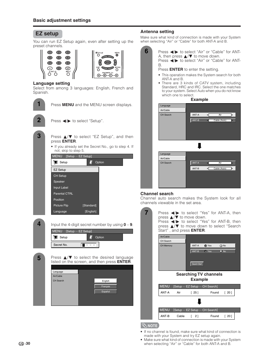 Ez setup, Basic adjustment settings, Language setting | Antenna setting, Channel search | Sharp Aquos LC 32G4U User Manual | Page 30 / 104