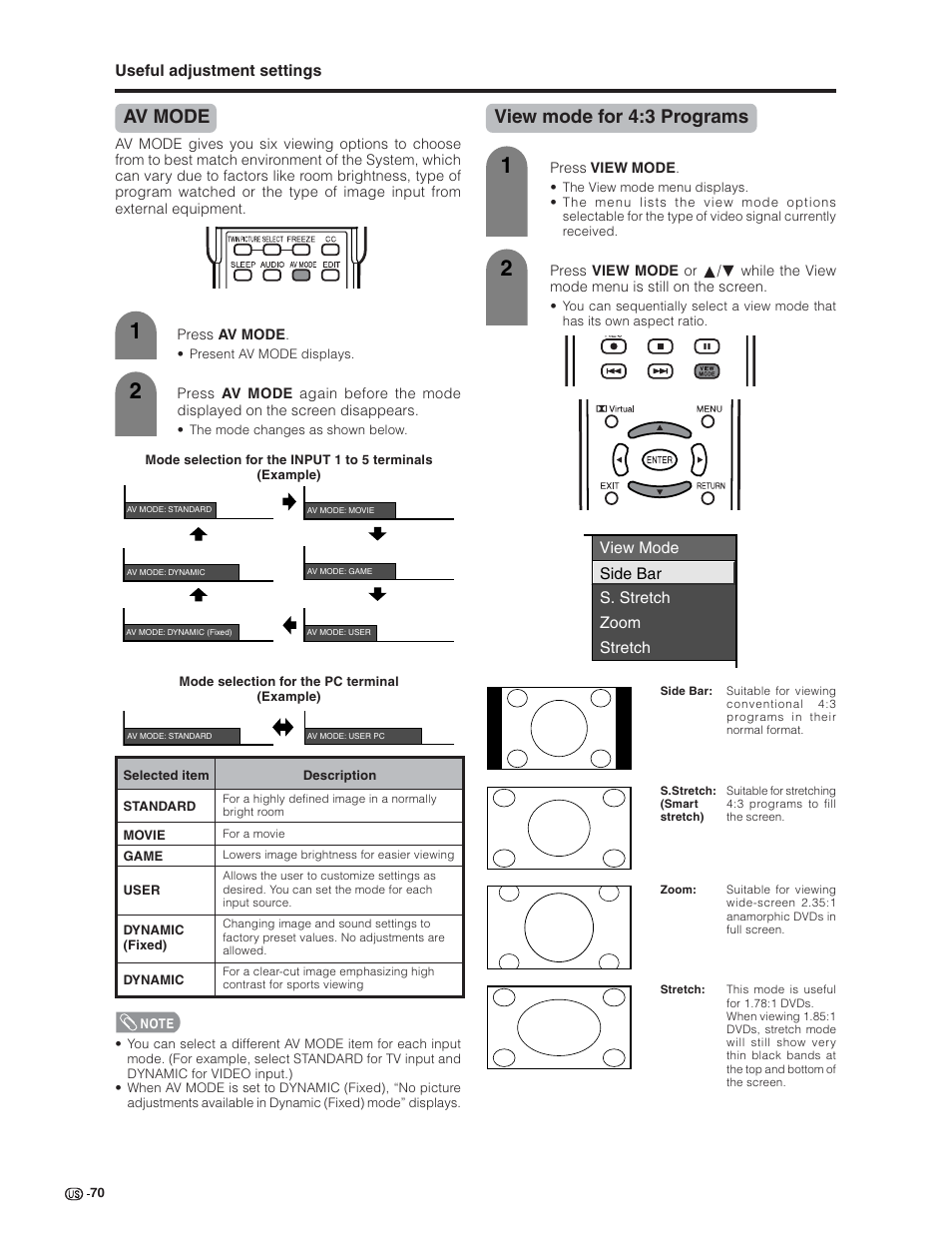 Av mode, View mode for 4:3 programs | Sharp Aquos LC 32G4U User Manual | Page 70 / 104