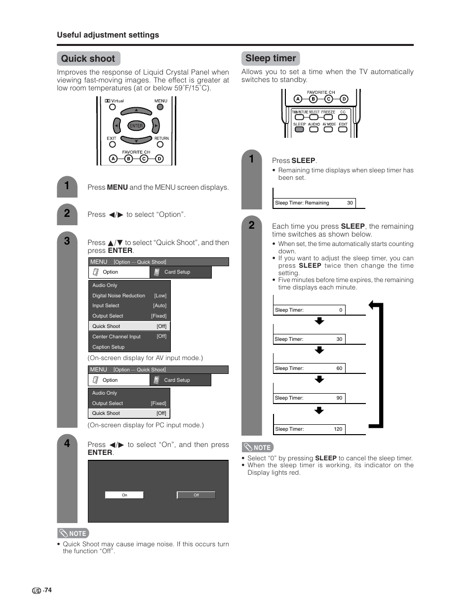 Quick shoot, Sleep timer, Useful adjustment settings | Sharp Aquos LC 32G4U User Manual | Page 74 / 104