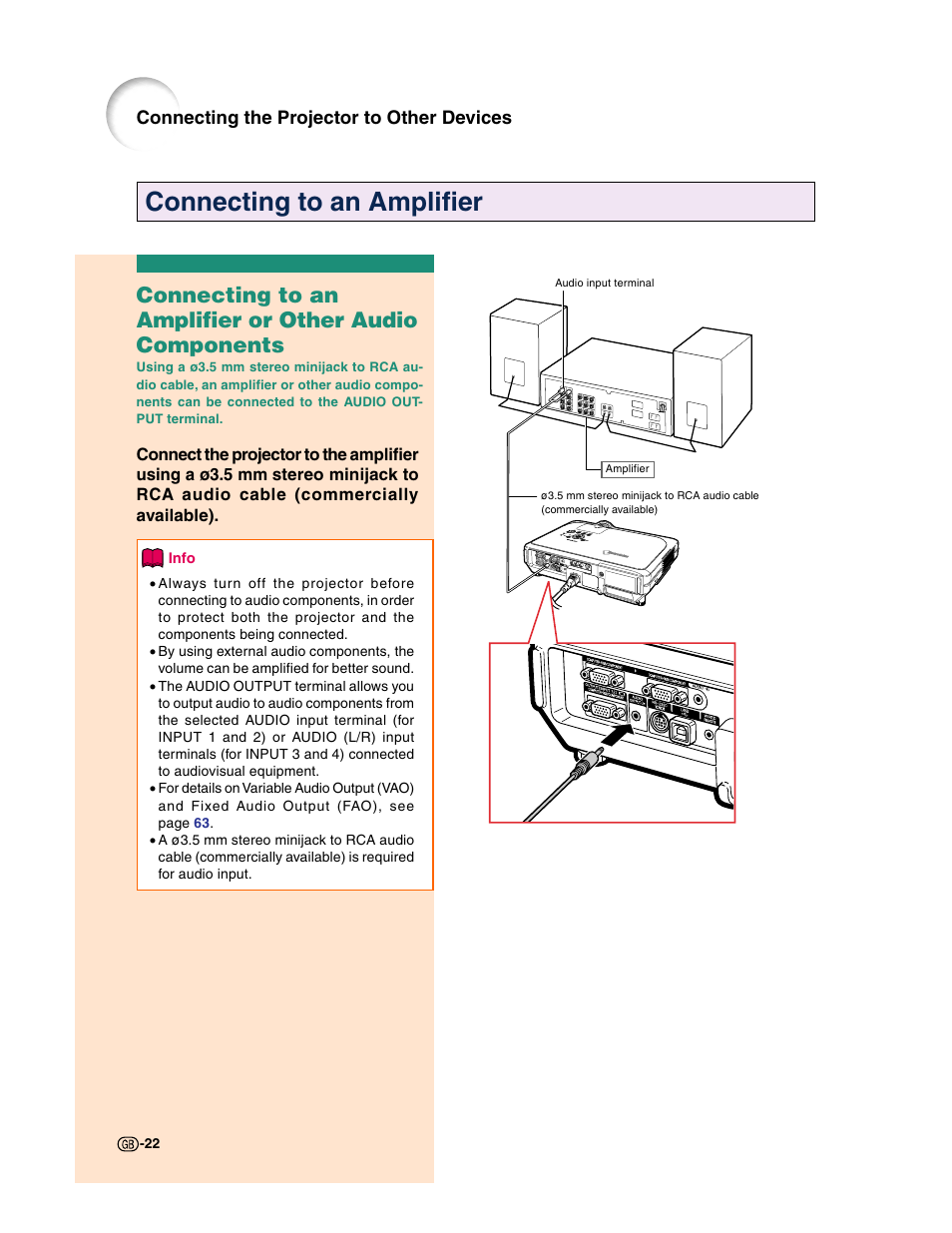 Connecting to an amplifier | Sharp XG-C50X User Manual | Page 24 / 104