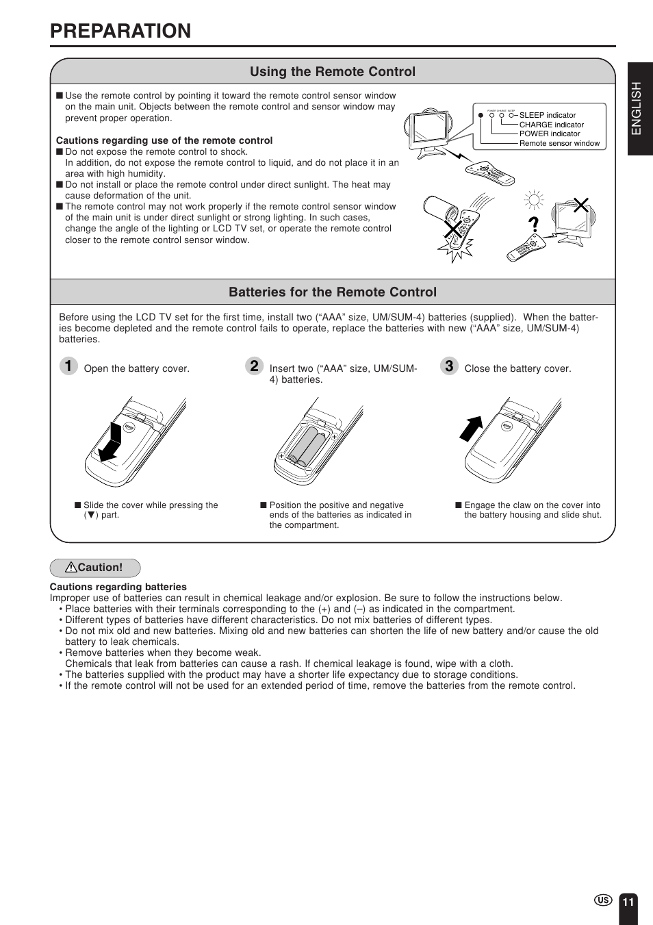 Preparation, Using the remote control, Batteries for the remote control | Sharp Aquos LC 15L1U User Manual | Page 12 / 69