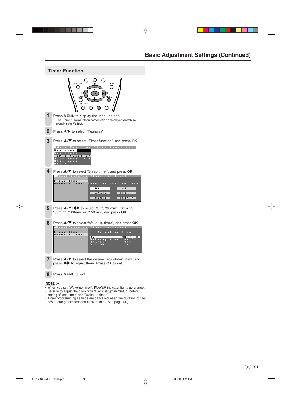 Basic adjustment settings (continued), Timer function | Sharp AQUOS LC-20B5M User Manual | Page 22 / 61
