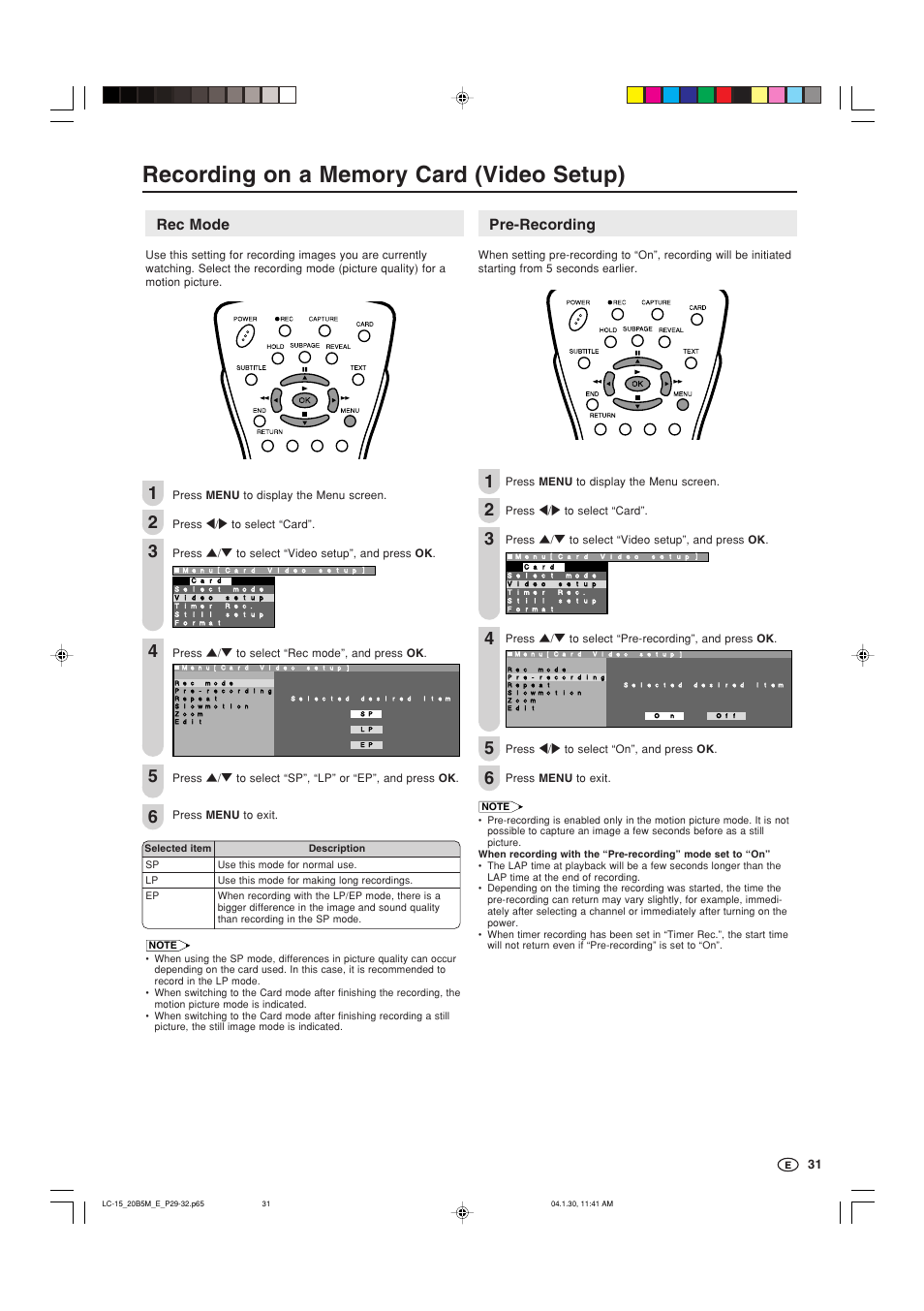 Rec mode, Pre-recording | Sharp AQUOS LC-20B5M User Manual | Page 32 / 61
