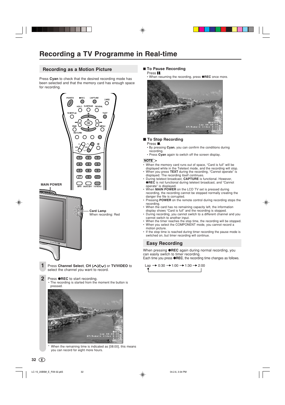 Recording a tv programme in real-time, Easy recording, Recording as a motion picture | Sharp AQUOS LC-20B5M User Manual | Page 33 / 61