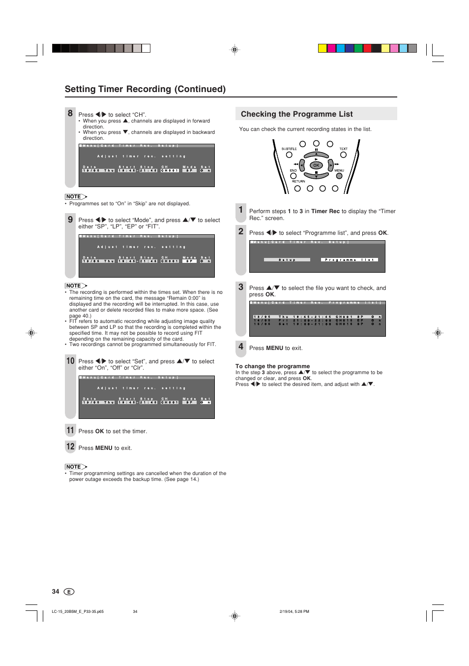 Setting timer recording (continued) 3, Checking the programme list | Sharp AQUOS LC-20B5M User Manual | Page 35 / 61