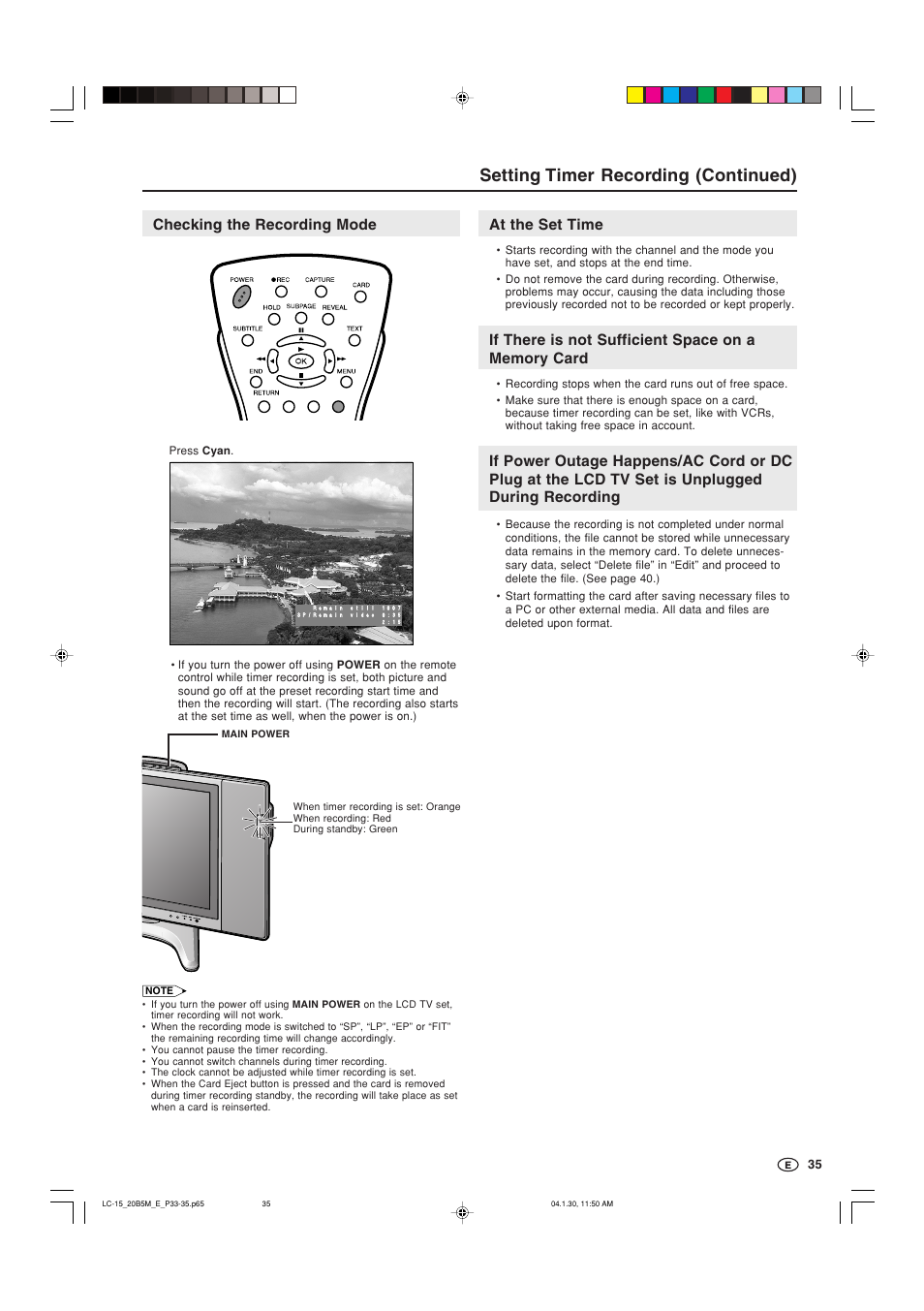 Setting timer recording (continued), At the set time, Checking the recording mode | Sharp AQUOS LC-20B5M User Manual | Page 36 / 61