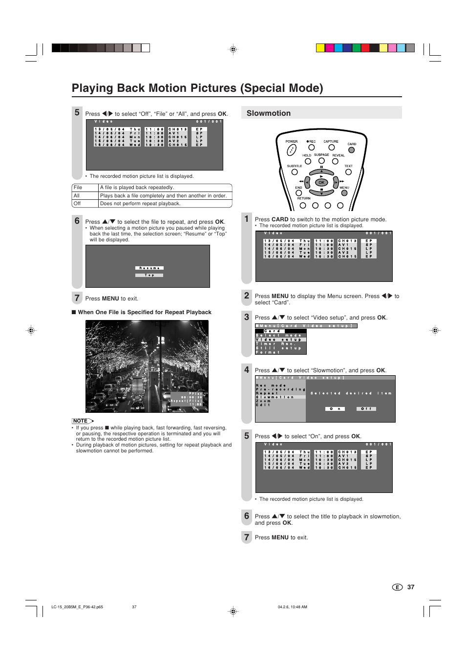 Playing back motion pictures (special mode), Slowmotion | Sharp AQUOS LC-20B5M User Manual | Page 38 / 61