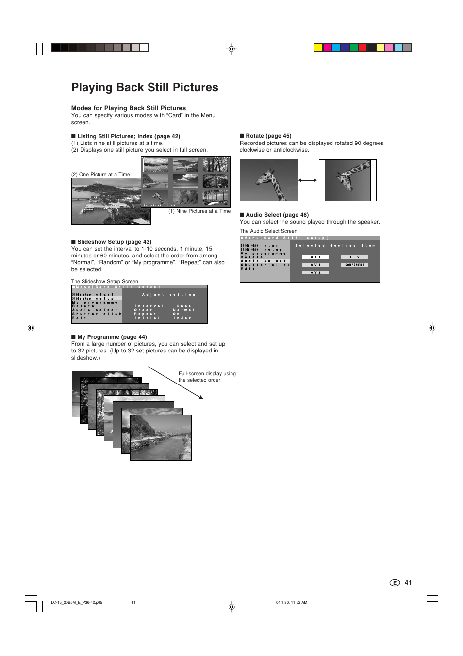 Playing back still pictures, Modes for playing back still pictures | Sharp AQUOS LC-20B5M User Manual | Page 42 / 61