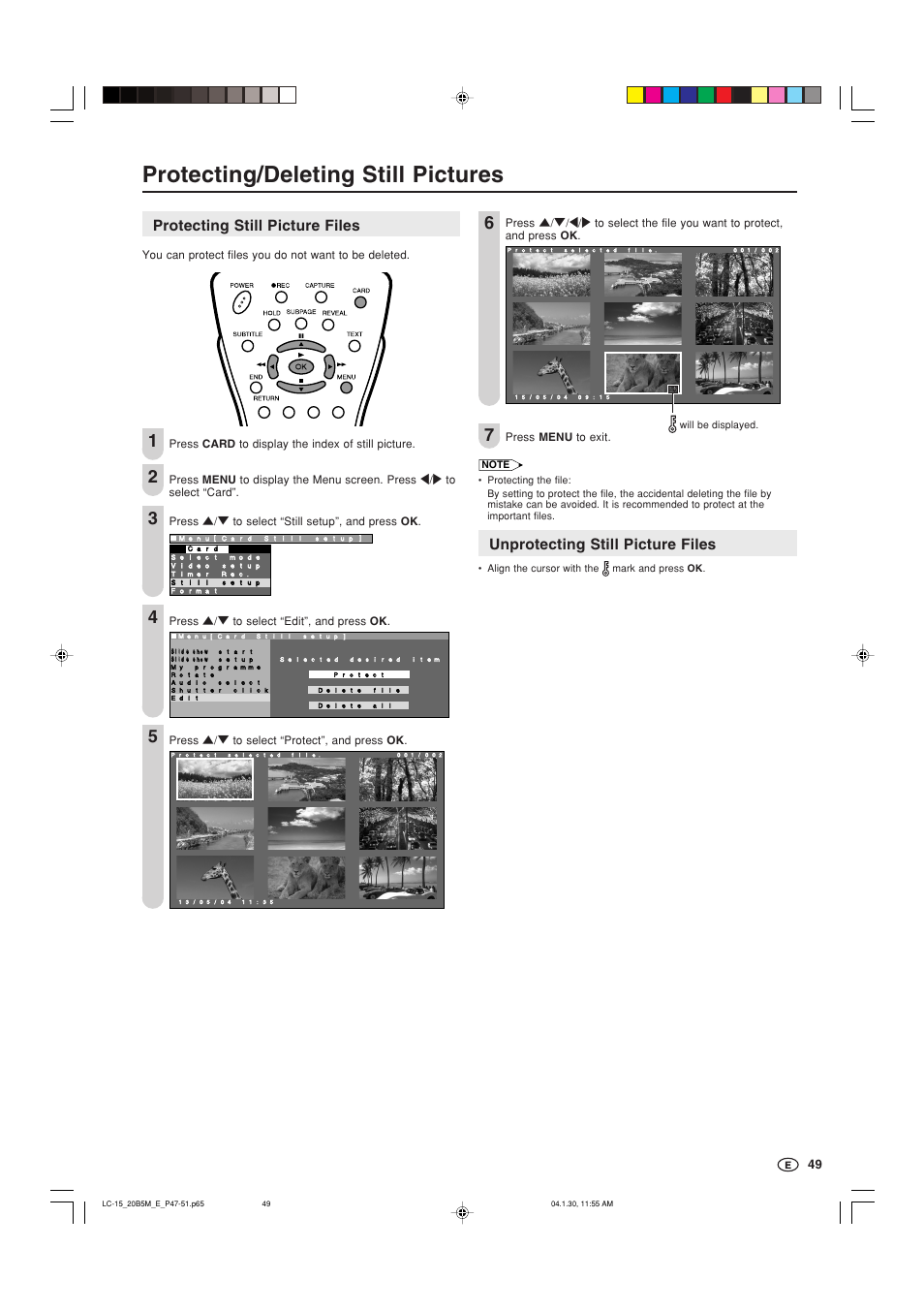 Protecting/deleting still pictures, Protecting still picture files, Unprotecting still picture files | Sharp AQUOS LC-20B5M User Manual | Page 50 / 61