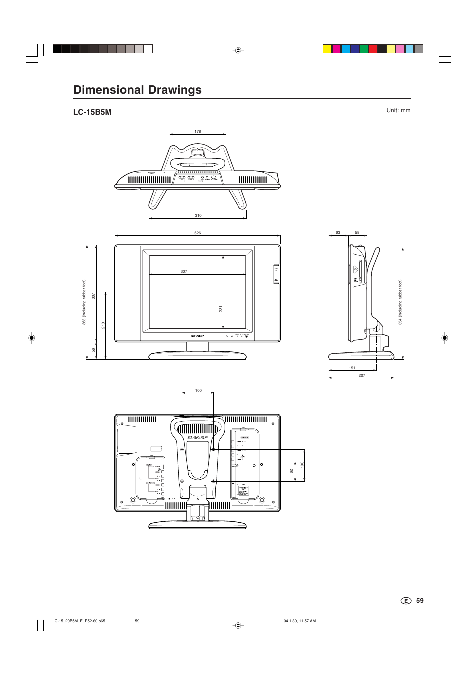 Dimensional drawings, Lc-15b5m | Sharp AQUOS LC-20B5M User Manual | Page 60 / 61