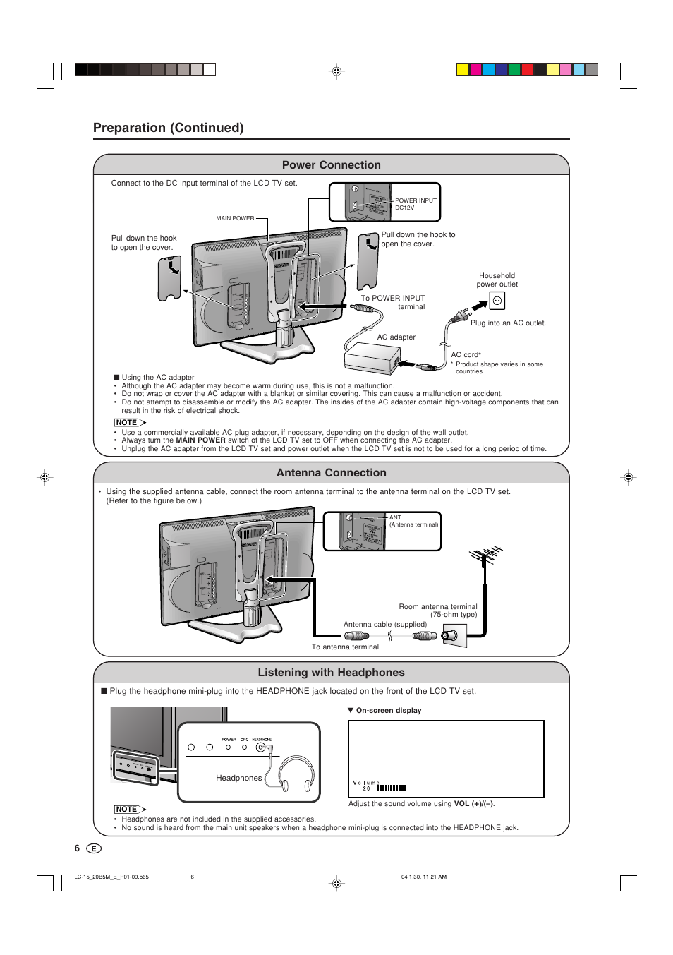 Preparation (continued), Power connection, Antenna connection | Listening with headphones | Sharp AQUOS LC-20B5M User Manual | Page 7 / 61