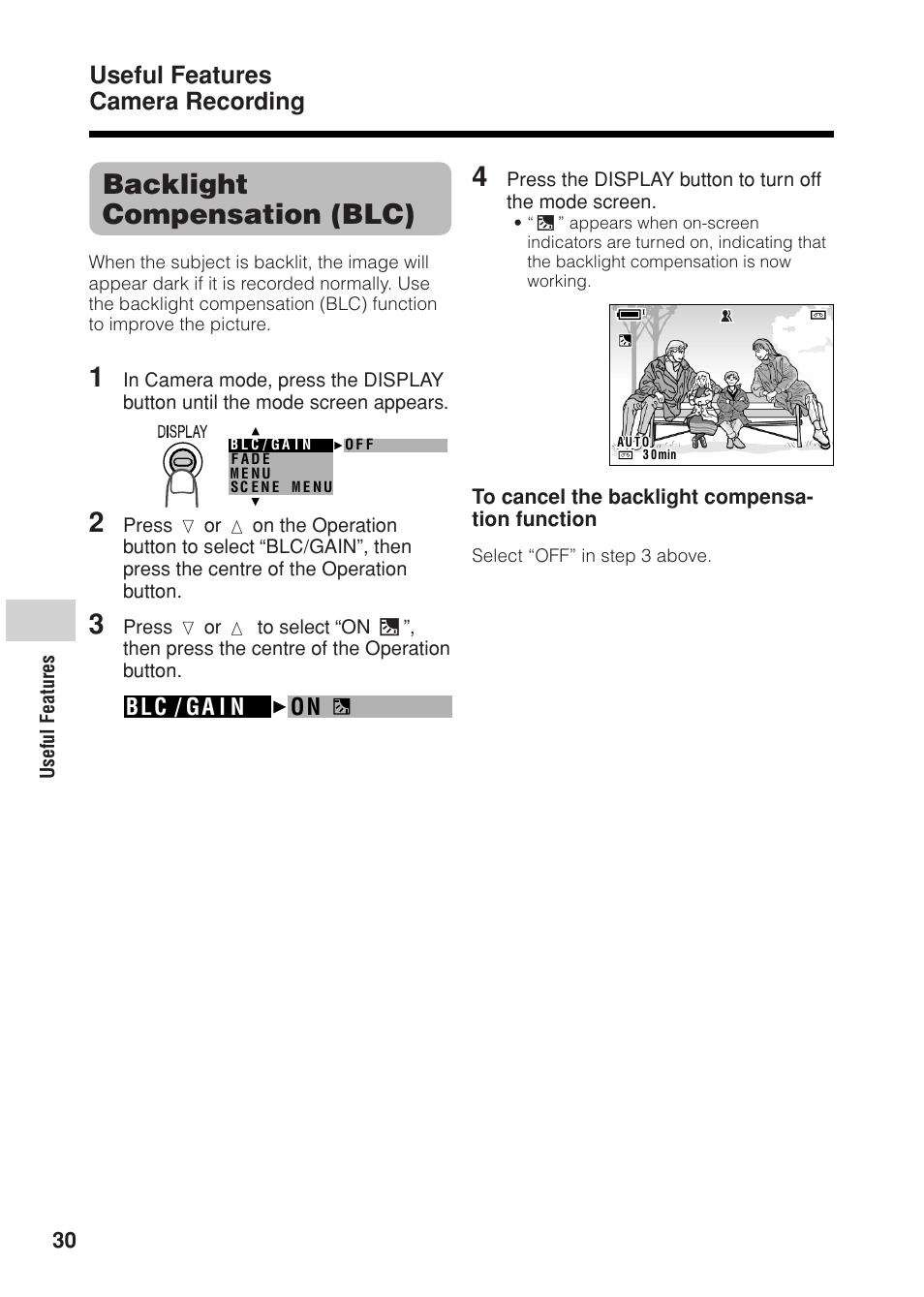 Backlight compensation (blc), Useful features camera recording, Blc / ga i n on | Sharp VL Z 1 H User Manual | Page 42 / 88