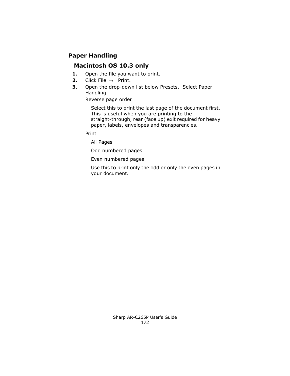 Paper handling, Macintosh os 10.3 only | Sharp AR-C265P User Manual | Page 172 / 310