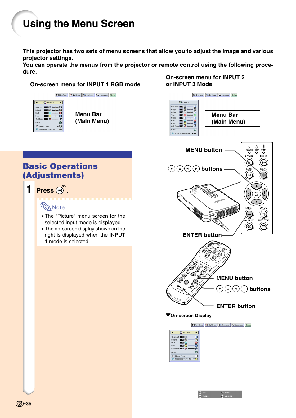 Using the menu screen, Basic operations (adjustments) | Sharp PG-M20X User Manual | Page 40 / 86
