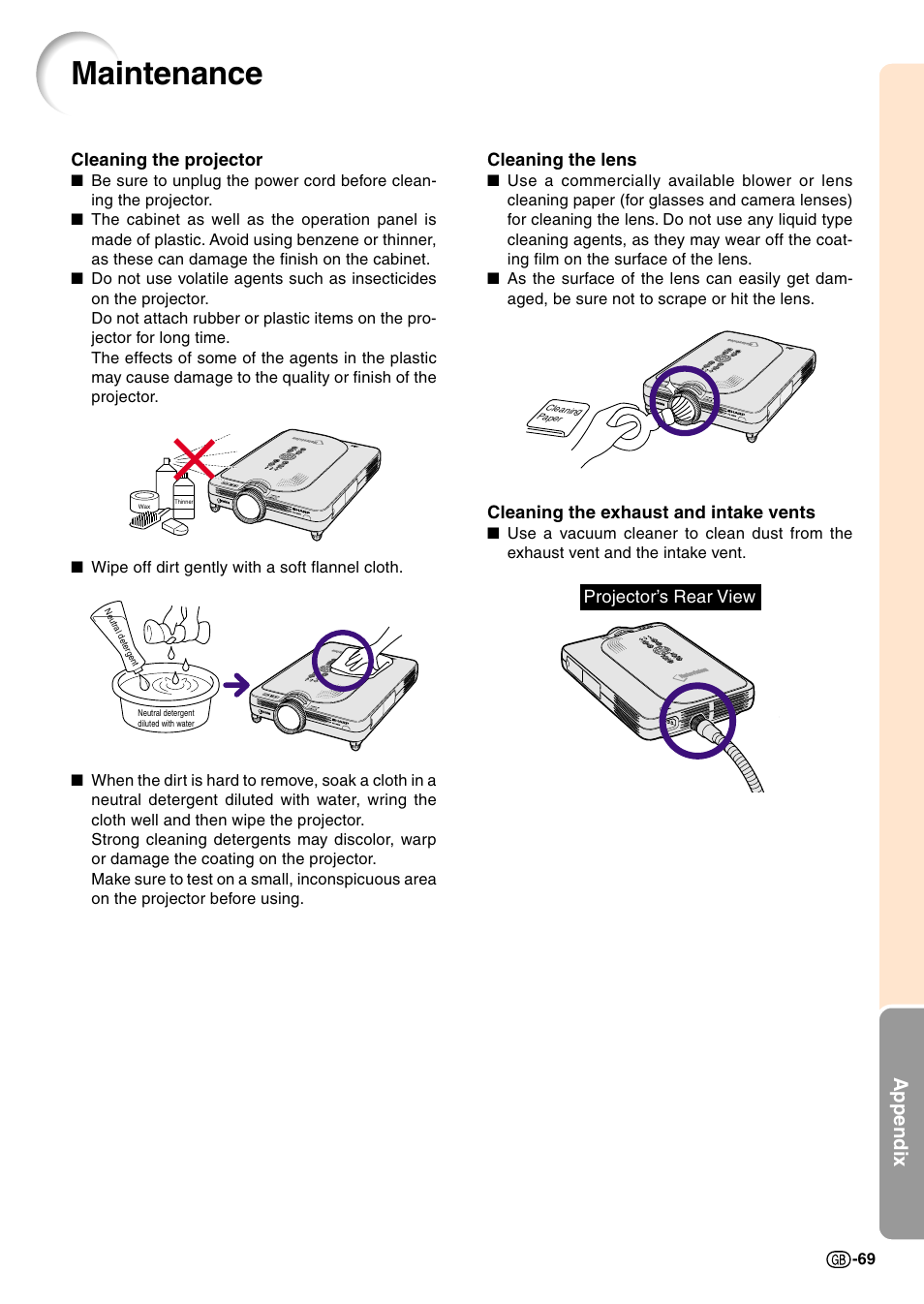 Maintenance, Appendix, Cleaning the lens | Cleaning the exhaust and intake vents, Cleaning the projector, Projector’s rear view | Sharp PG-M20X User Manual | Page 72 / 86