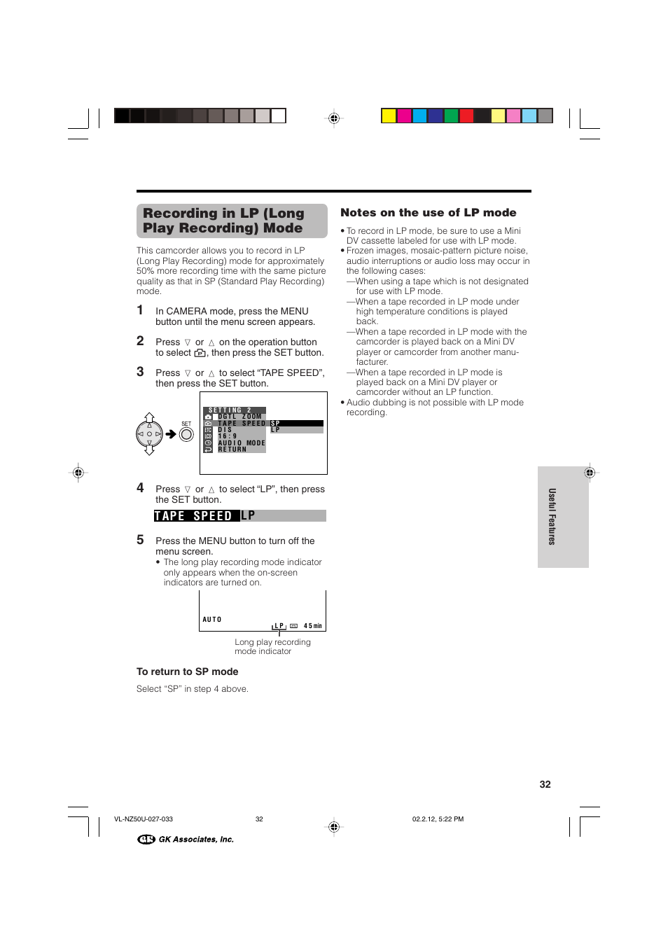 Recording in lp (long play recording) mode, Lp t ap e sp e e d | Sharp VL-NZ50U User Manual | Page 45 / 84