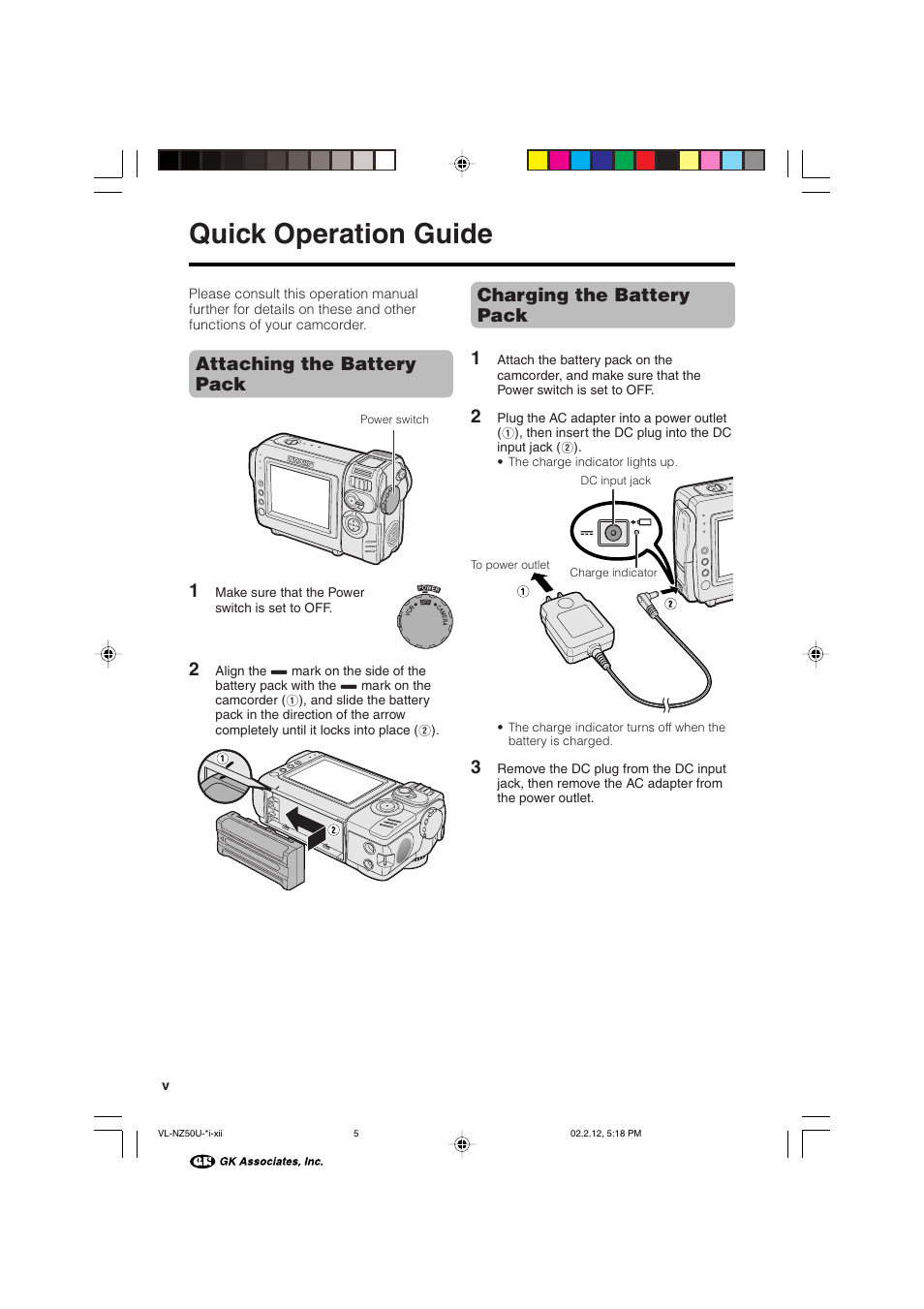 Quick operation guide, Attaching the battery pack 1, Charging the battery pack 1 | Sharp VL-NZ50U User Manual | Page 6 / 84