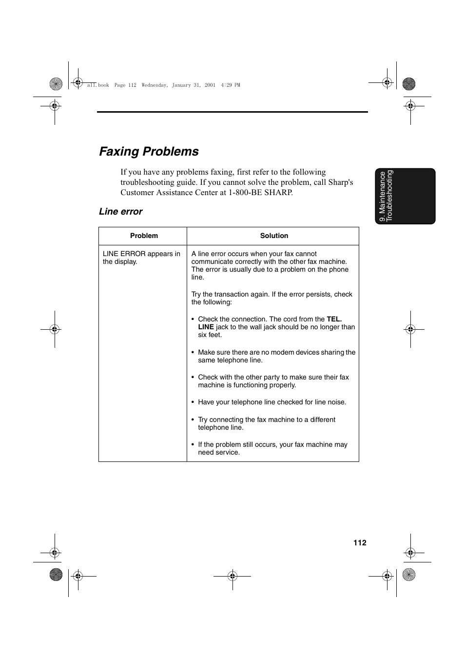 Faxing problems, Line error | Sharp COLORINKJET AJ-5030 User Manual | Page 114 / 140