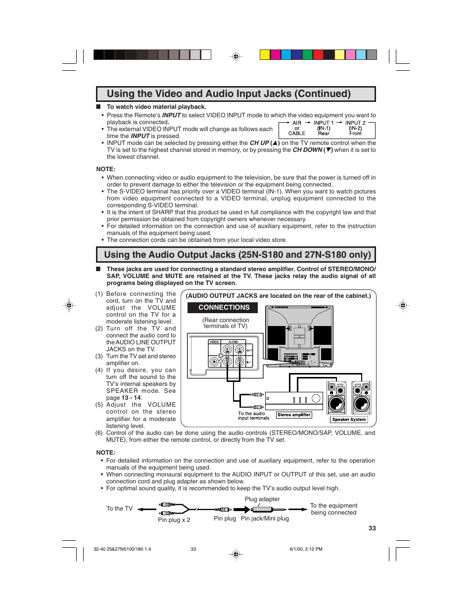 Using the video and audio input jacks (continued) | Sharp 25N S180 User Manual | Page 33 / 40