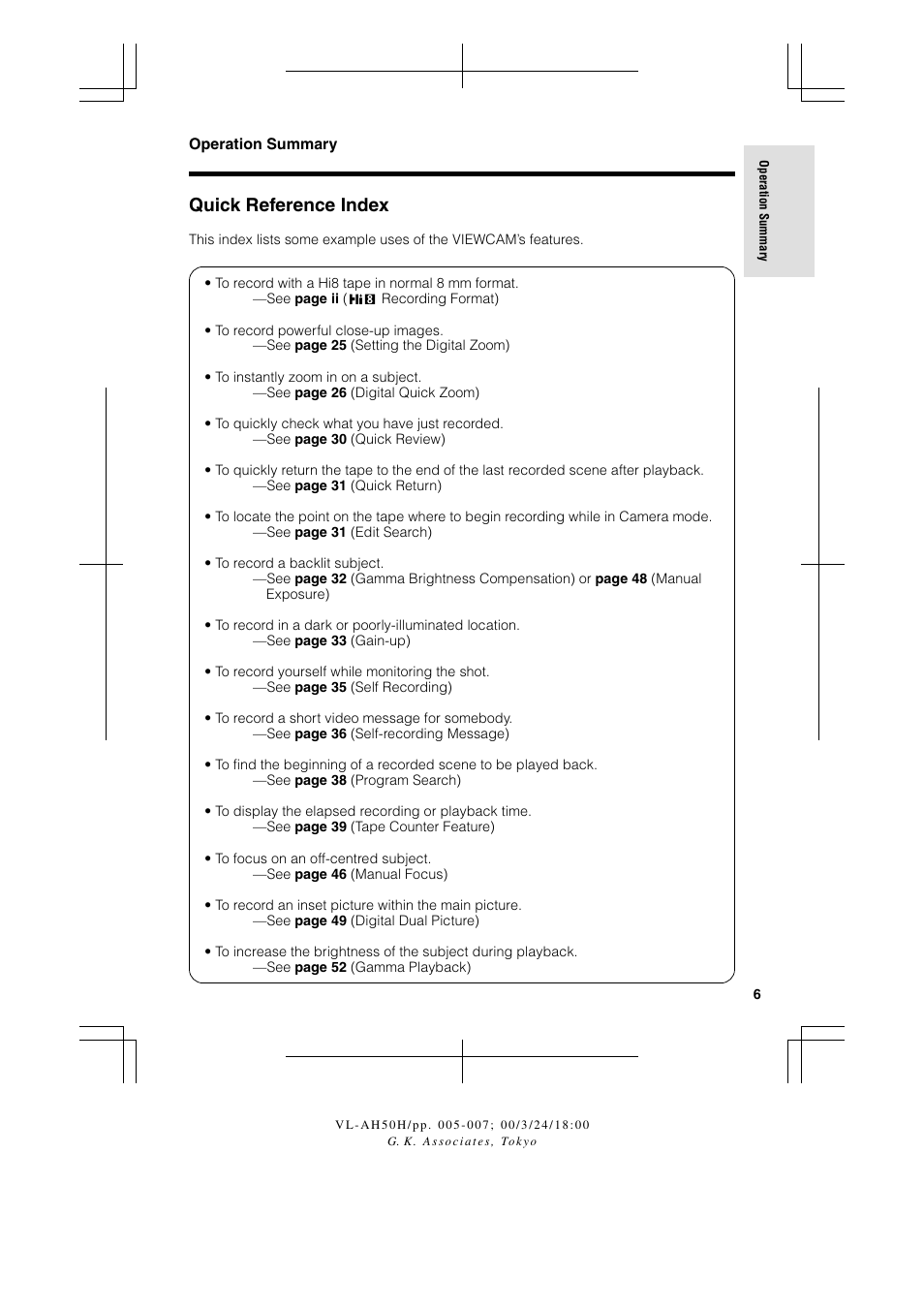 Quick reference index | Sharp VL AH 50 H User Manual | Page 13 / 72