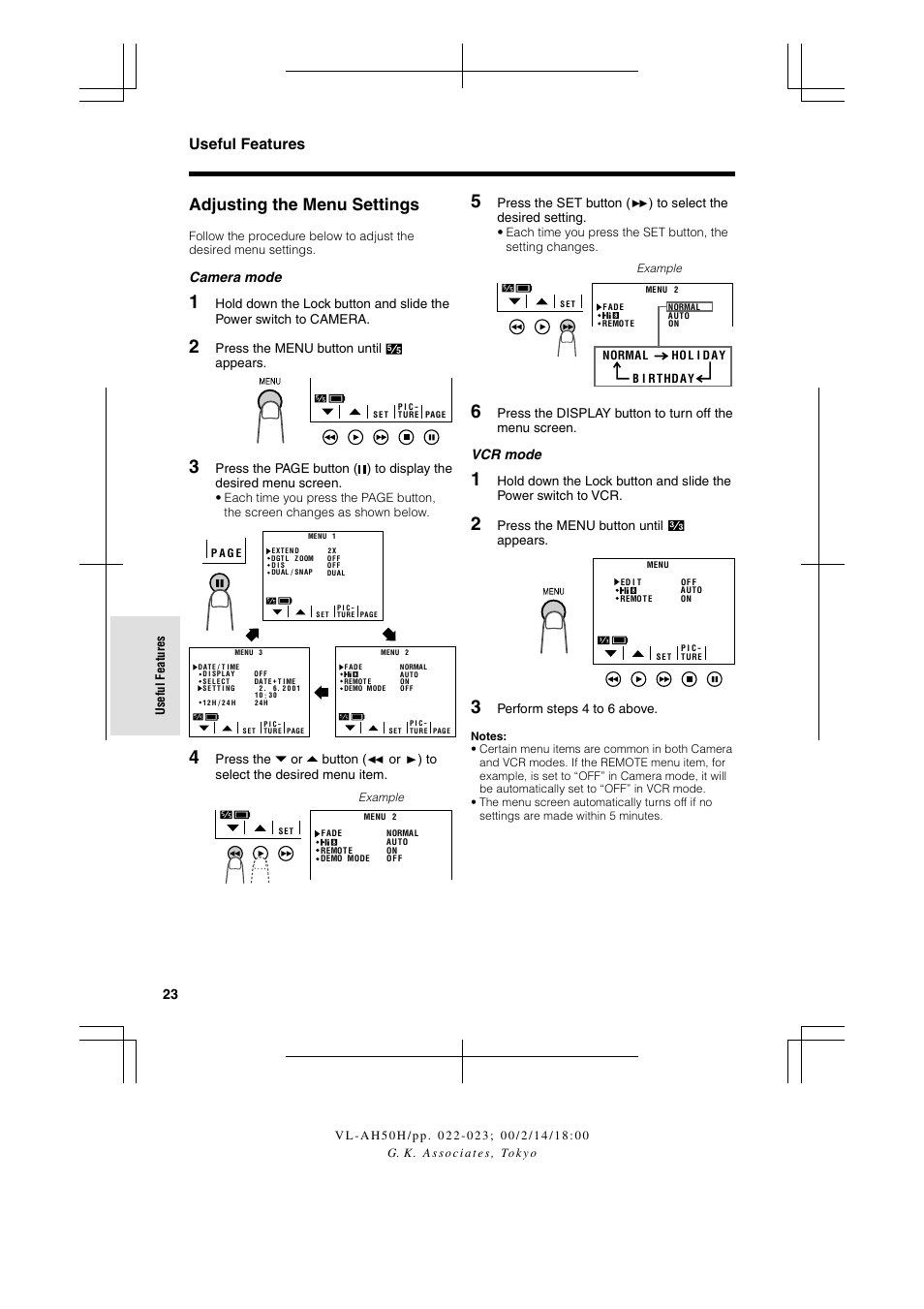 Adjusting the menu settings, Useful features, Camera mode | Vcr mode | Sharp VL AH 50 H User Manual | Page 30 / 72