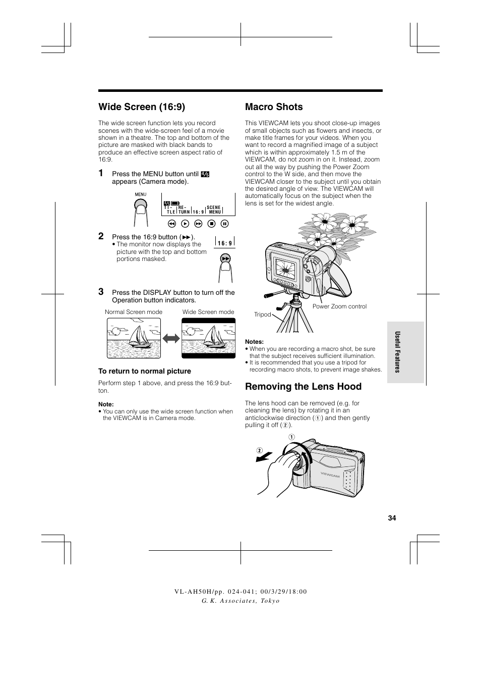Wide screen (16:9), Macro shots, Removing the lens hood | Sharp VL AH 50 H User Manual | Page 41 / 72