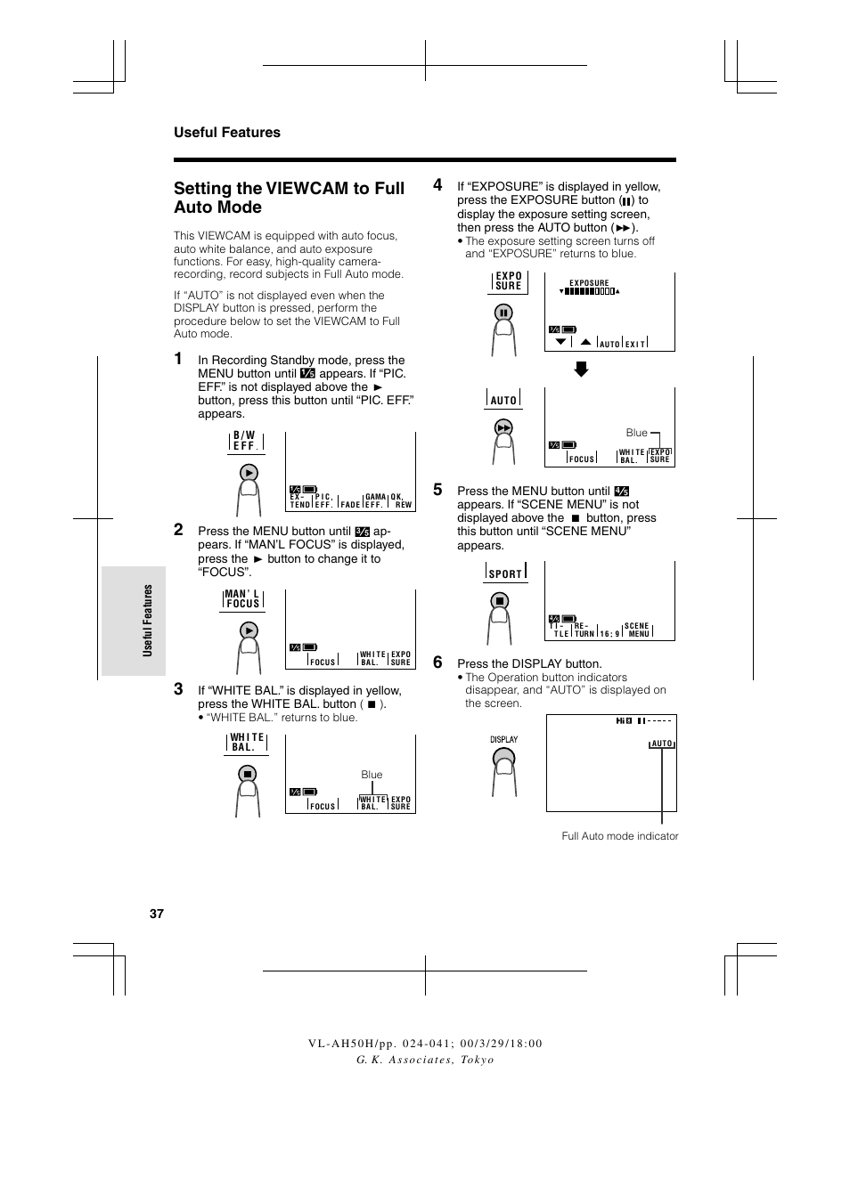 Setting the viewcam to full auto mode, Useful features | Sharp VL AH 50 H User Manual | Page 44 / 72